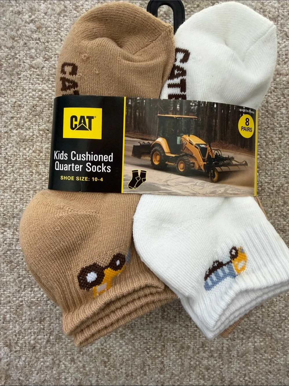 Caterpillar Kids Cushioned Quarter Socks - White & Tan with Machine Logo